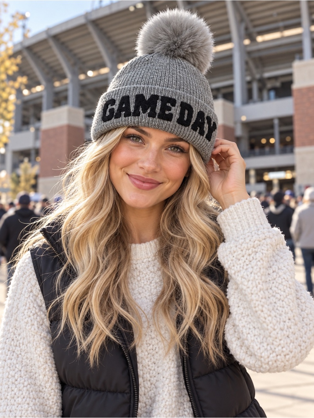 Serra Grey Knit Pom Beanie with Black 'GAME DAY' Lettering